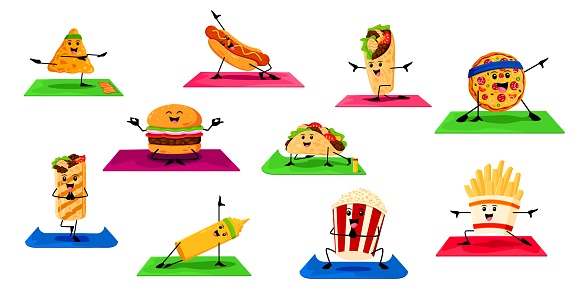 Cartoon fast food characters on yoga fitness sport. Street restaurant meals childish personage, takeaway cafe nacho, hotdog, burrito and pizza, hamburger, taco isolated vector funny mascot on yoga mat