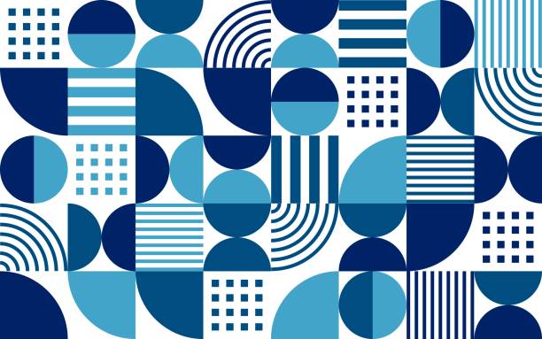 White, dark and light blue modern bauhaus pattern White, dark and light blue modern abstract geometric bauhaus pattern background. Vector sleek backdrop intertwines shapes in a modern dance, creating a sophisticated and visually engaging mosaic tile seamless-pattern stock illustrations