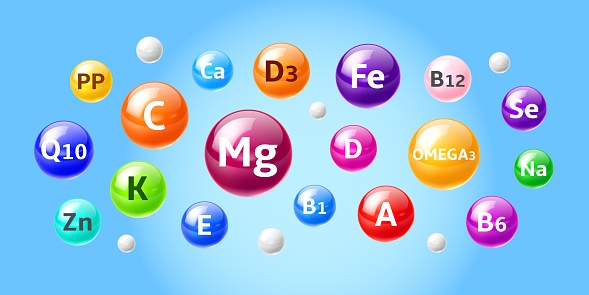 Supplement vitamins and minerals colorful 3d vector balls suspended midair. PP, Q10, C and K. Zn, E, Mg, Ca and D3, Fe, D, B1 and B12. A, Omega 3, Se, Na and B6 microelement capsules or glossy bubbles