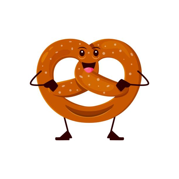 ilustraciones, imágenes clip art, dibujos animados e iconos de stock de panadería de pretzel divertida de dibujos animados, personaje de bocadillos - pretzel sesame vector snack