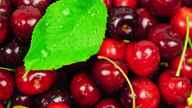 Fresh Ripe Cherries With Water Droplets Rotating In A Bowl