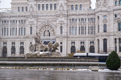 The Cibeles fountain in the capital of Spain when it was snowing