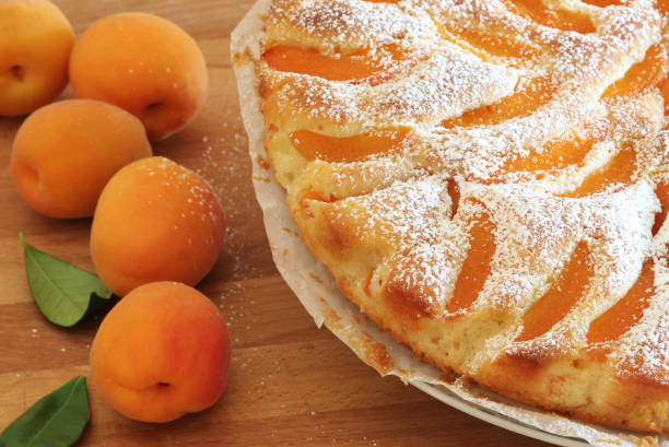 istock Apricot pie sprinkled with powder sugar. 2044791177