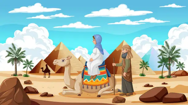 Vector illustration of Illustration of travelers with camels near pyramids.