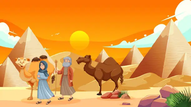 Vector illustration of Illustration of people and camels near Egyptian pyramids