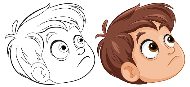 Two cartoon boys looking up with inquisitive expressions.