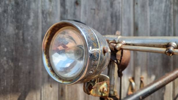 A display of vintage lighting. Old metal shades in a group
