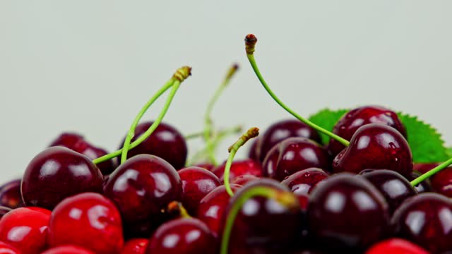Fresh Ripe Cherries With Water Droplets Rotating On A White Background