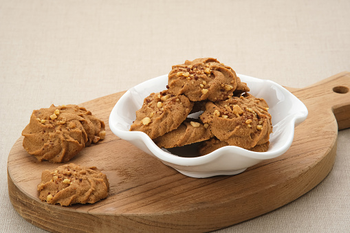 Healthy vegan oat cookies. Grey background. Close up.