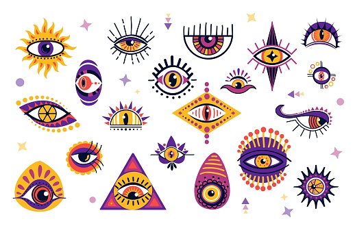 Magical witchcraft eyes ablaze with mystic hues, unveil enchanting secrets of realms unseen. Vector set of esoteric occult signs in vintage boho style, glimpse into the arcane weave and casting spells