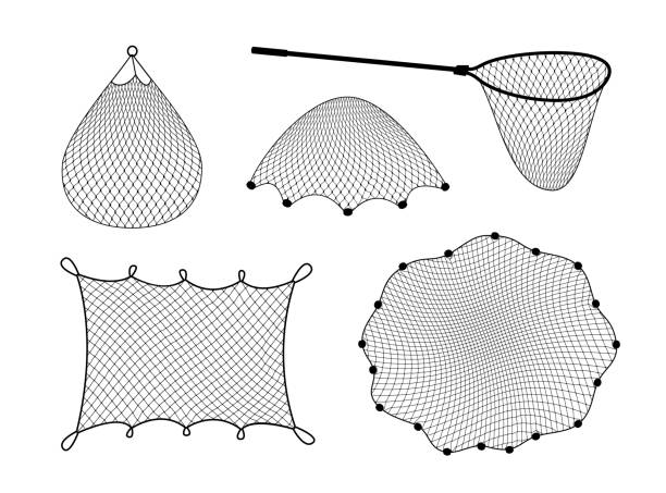 fischnetz-, isoliertes netz- und schaufel-vektor-set - fischernetz stock-grafiken, -clipart, -cartoons und -symbole