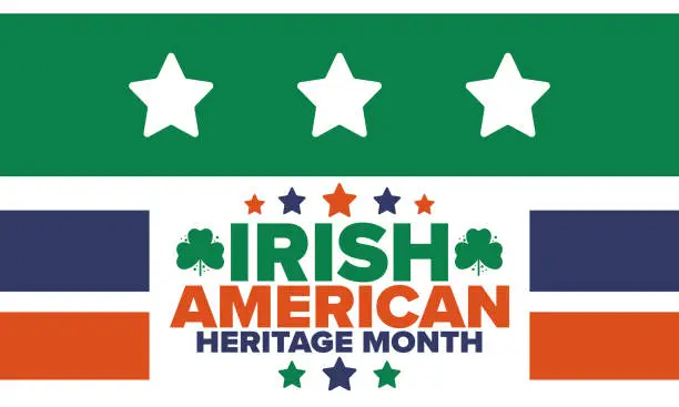Vector illustration of Irish American Heritage Month. Annual celebrated all March in the United States. Honor achievements and contributions of Ireland immigrants to the history of America. Flags design. Vector poster