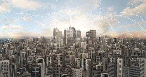 istock Super High Tech Aerial City 5G Fiber Wireless Internet Network. 2044841087