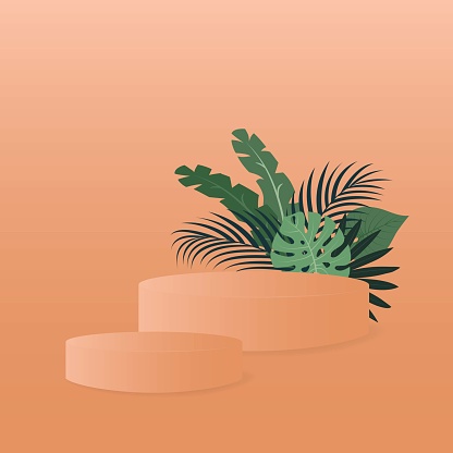 Abstract background in trendy color 2024 Apricot Crush with tropical leaves and  two stands (podium, pedestal).