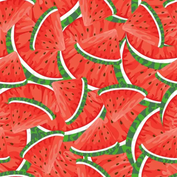 Vector illustration of Seamless pattern with hand drawn watermelon slice. Watermelon bakground for packaging paper, fabric, banner, fashion professional design.
