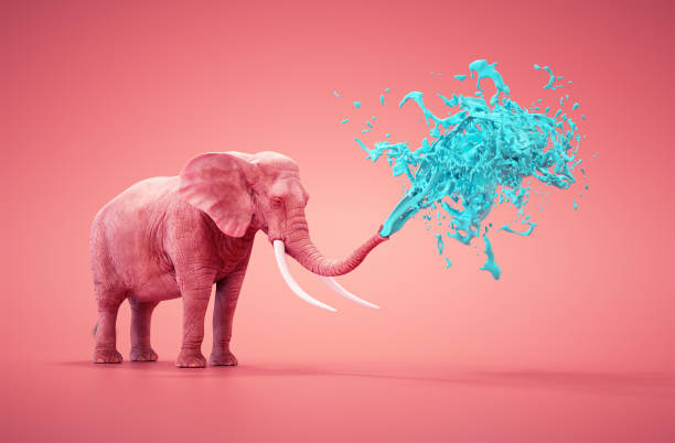 Conceptual image of elephant with surfboard looking at waves, anthropomorphic animal scenes