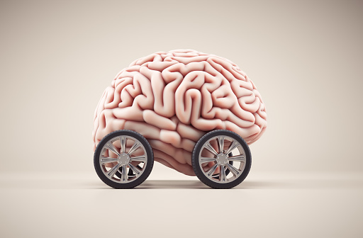 Brain with car wheel. Brainstorming concept. 3d render illustration.