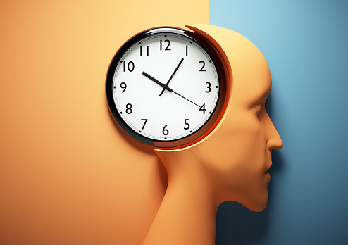 Human head profile with clock in place of brain. Overthinking, brainstorming and time management concept. This is a 3d render illustration.