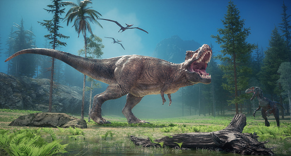 Tyrannosaurus in forest. This is a 3d render illustration