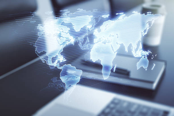 istock Multi exposure of abstract creative digital world map on laptop background, research and analytics concept 2044861088