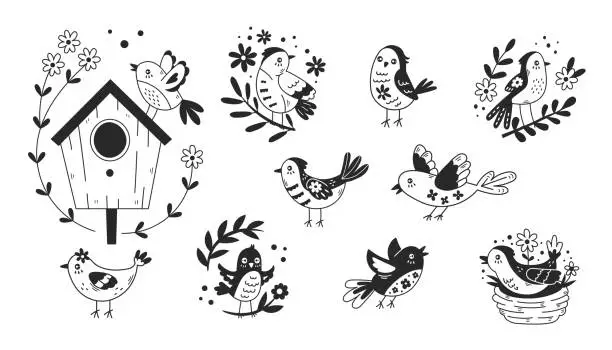 Vector illustration of Spring birds doodle set