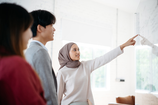Young Asian coworkers meeting in office. Young muslim businesswoman pointing at the transparent wipe board showing plans to her colleagues.
