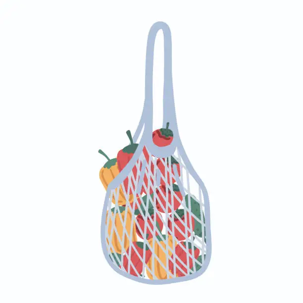 Vector illustration of Blue flat shopper with peppers paprika and tomato flat design set