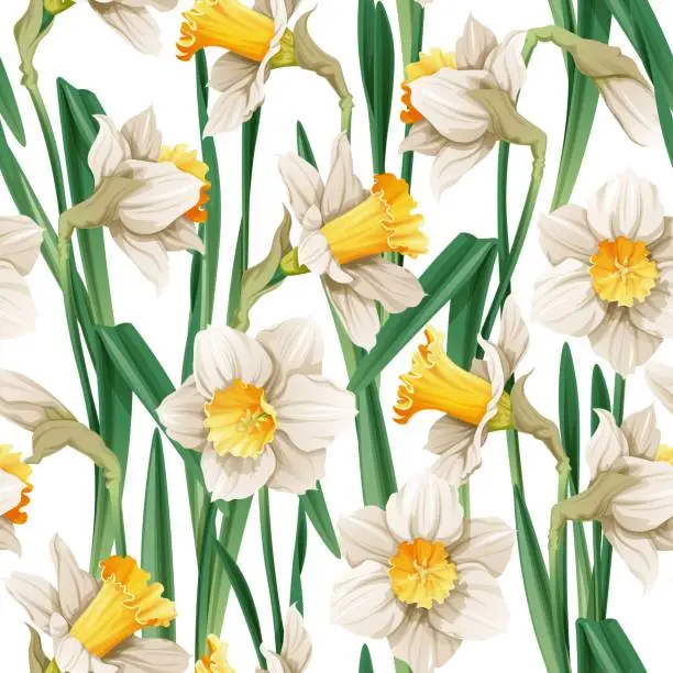 Vector illustration of Seamless pattern with narcissus flowers. Spring fabric design. Floral print for Easter with daffodils. Suitable for fabric wallpaper, textiles, scrapbooking.