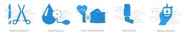 Vector illustration of A set of 5 Mix icons as medical equipment, blood pressure, heart rate monitoring