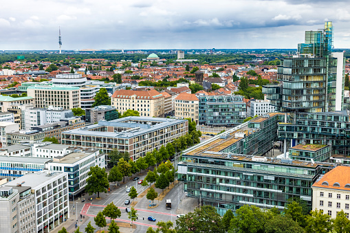 Aerial view of new apartment houses in residential district of central Munich, Bavaria, Germany.