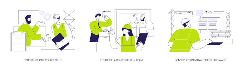 Hiring general contractor abstract concept vector illustration set. Construction procurement, hiring subcontractor, field engineer, construction management software abstract metaphor.