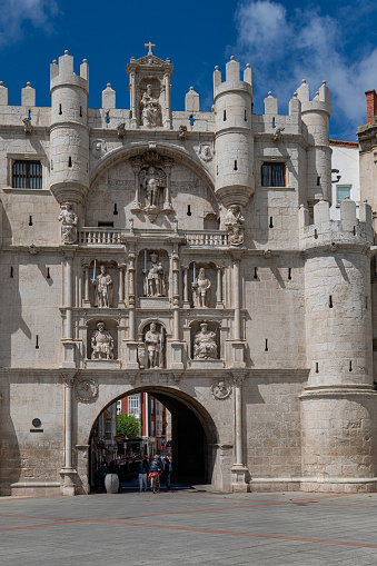 Arch of Santa Maria in the world heritage city of Burgos in Spain, Castilla y Leon - Gateway to the old town - Travel and cultural tourism concept