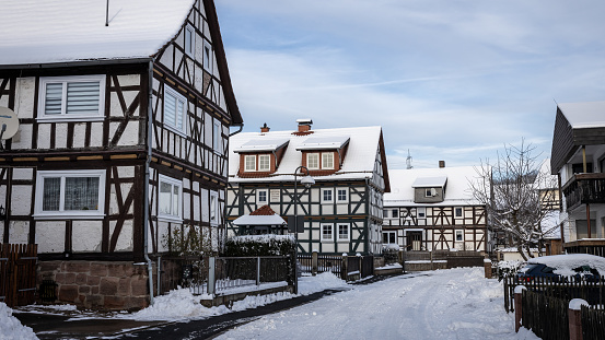 Herleshausen, Hesse, Germany - January 18, 2024: The historic houses of Herleshausen in Hesse