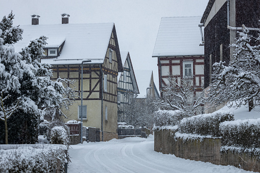 Herleshausen, Hesse, Germany - January 18, 2024: The historic houses of Herleshausen in Hesse