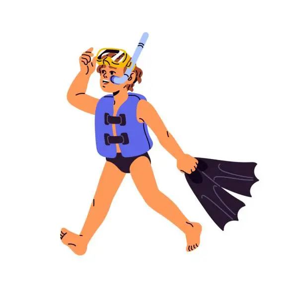 Vector illustration of Kid in life jacket carries flippers. Happy boy in diving mask goes, holds in hand fins. Child with swimfin for deep swim in sea. Summer activity. Flat isolated vector illustration on white background