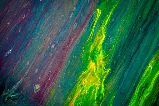 Green highlight mystic colors abstract painting closeup view.