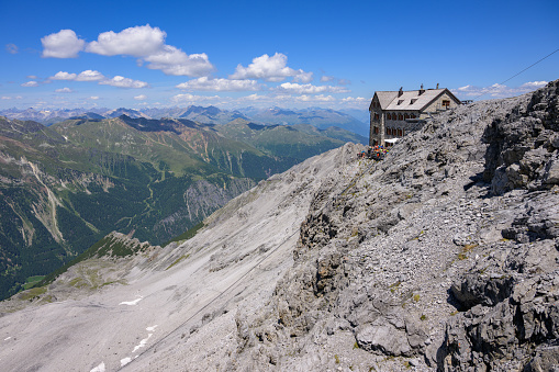 Sulden, Italy - July 09, 2023: Payerhuette in the Ortler Alps near Sulden (South Tyrol, Italy) on a sunny day in summer