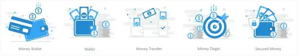 Vector illustration of A set of 5 mix icons as money wallet, wallet, money transfer