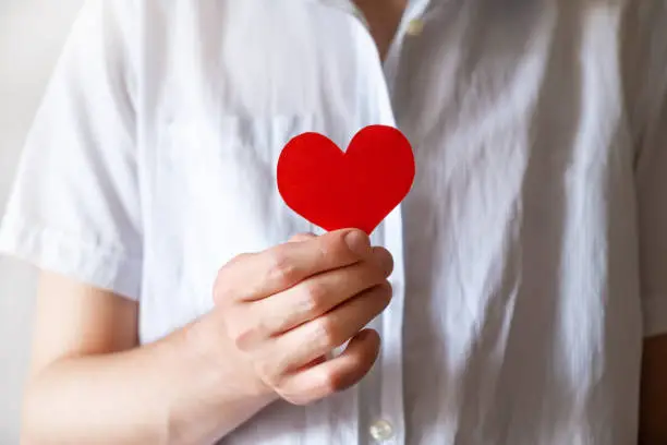 Person hold a Red Heart in a Hand closeup