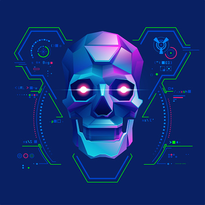 concept of cyber crime or virus computer, graphic of low poly skull with futuristic programming interface