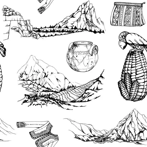 Vector illustration of Hand drawn ink vector illustration, Peru symbols landscapes ceramic pot Machu Picchu corn maize embroidered jacket. Seamless pattern isolated on white background. Design travel, menu, brochure, print