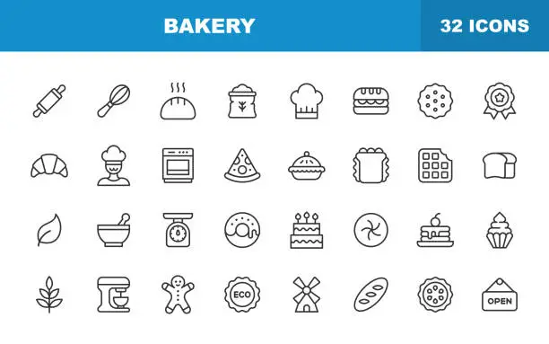 Vector illustration of Bakery Line Icons. Editable Stroke. Contains such icons as Food, Restaurant, Pizza, Cake, Bread, Hamburger, Sandwich, Pancake, Doughnut, Apple Pie, Biscuit, Dessert.