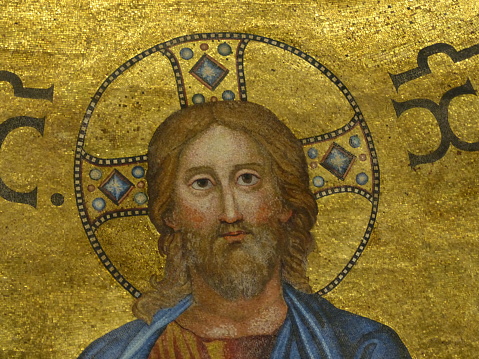 Mosaic of Jesus Christ on the ceiling of the entrance hall in the Cathedral Basilica of Saint Louis in St Louis, Missouri, USA. It was completed in 1914.