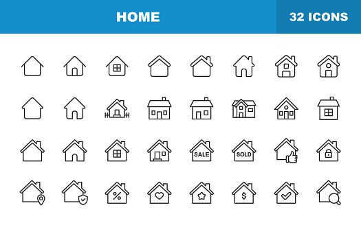 Home Line Icons. Editable Stroke. Contains such icons as House, Real Estate, Family, Real Estate Agent, Investment, Residential Building, City, Apartment, Building, Architecture.