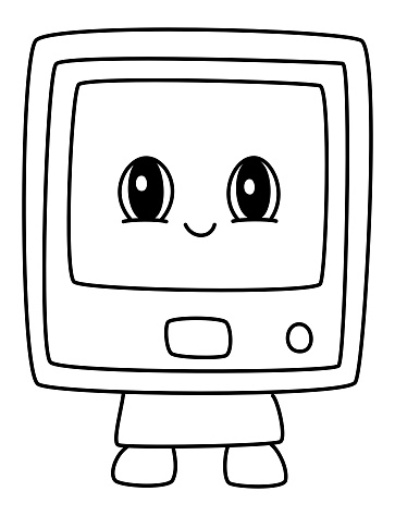 Glittering Eyes and a Smiling Face, Depicted in a Cute Cartoon Style, Stands on Imaginary Legs, Facing Forward in Black and White Vector Art