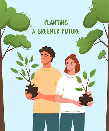 Environmental care poster. Young volunteers with plants in his hands. Environmental care and volunteerism concept. Engage for a greener future. Flat cartoon vector illustration.