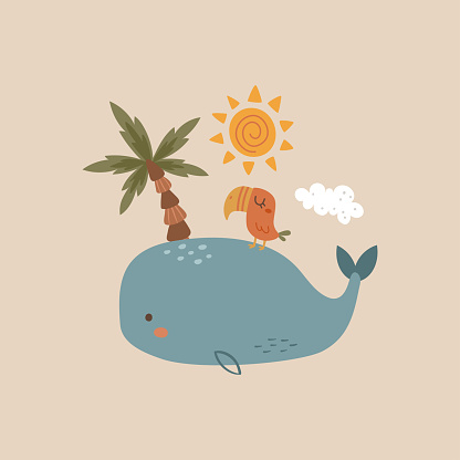 cute vector illustration, adorable compositions for kids with image of whale, cute pink parrot sitting on a whale, tropical image with palm tree