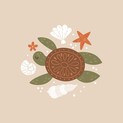 vector illustration of a turtle swimming among the shells, cute composition, nature design