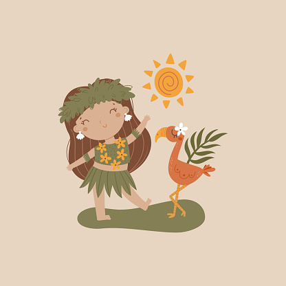 vector image of a cute girl dancing hula with a flamingo, Hawaii inspired illustration with an adorable girl dancer, tropical image