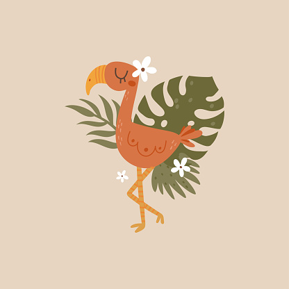vector illustration of a cute flamingo surrounded with palm leaves